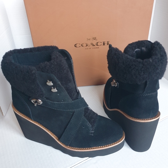 Coach Kenna Black Suede & Real Sheep Fur Wedge Ankle Winter Booties Sz 7.5 - Picture 9 of 16